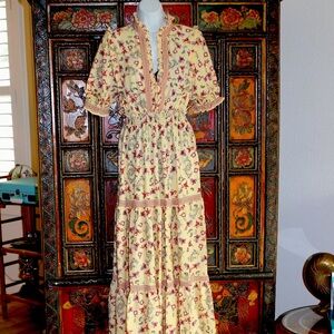 NEW*  MAX STUDIO Elbow-Length Sleeve Print Tiered Maxi Dress Yellow
